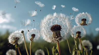 Dandelion, closeup and blowing in the wind in nature against a blue sky or natural background. Plant, seed and Ai generated flower in the air for hope, change or wish in the sunshine of Spring time