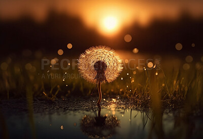 Dandelion, water drops and closeup of flower in nature for spring and natural background. Ai generated, garden weed and plant for environment, ecosystem and ecology or sustainability in a lake