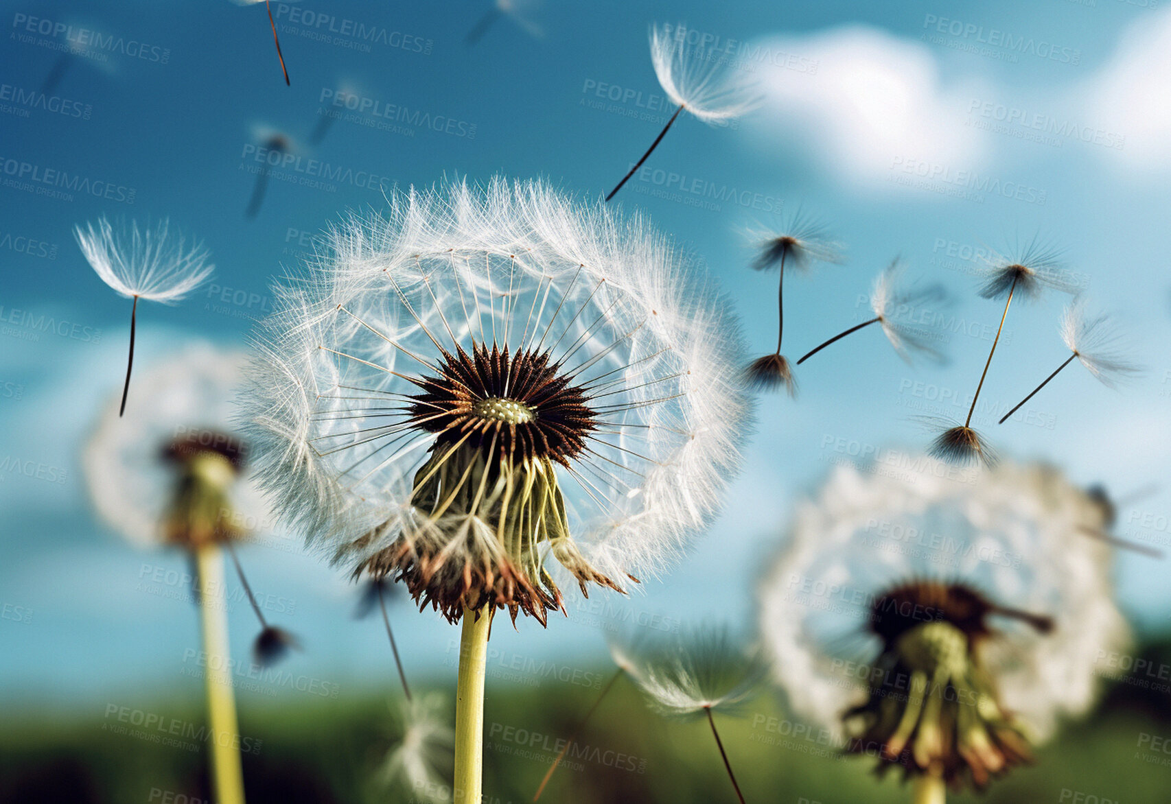 Buy stock photo Dandelion, closeup and blowing in the wind in nature against a blue sky or natural background. Plant, seed and Ai generated flower in the air for hope, change or wish in the sunshine of Spring time