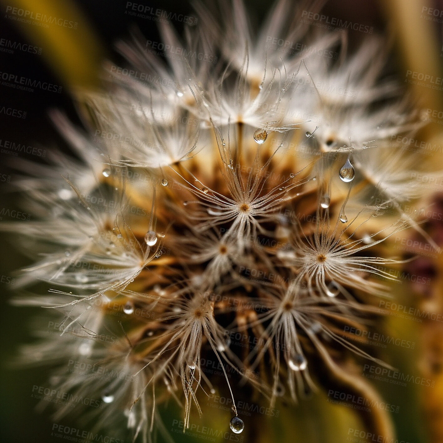 Buy stock photo Dandelion, water drops and closeup of flower in nature for spring and natural background. Ai generated, garden weed and macro of plant for environment, ecosystem and ecology or sustainability