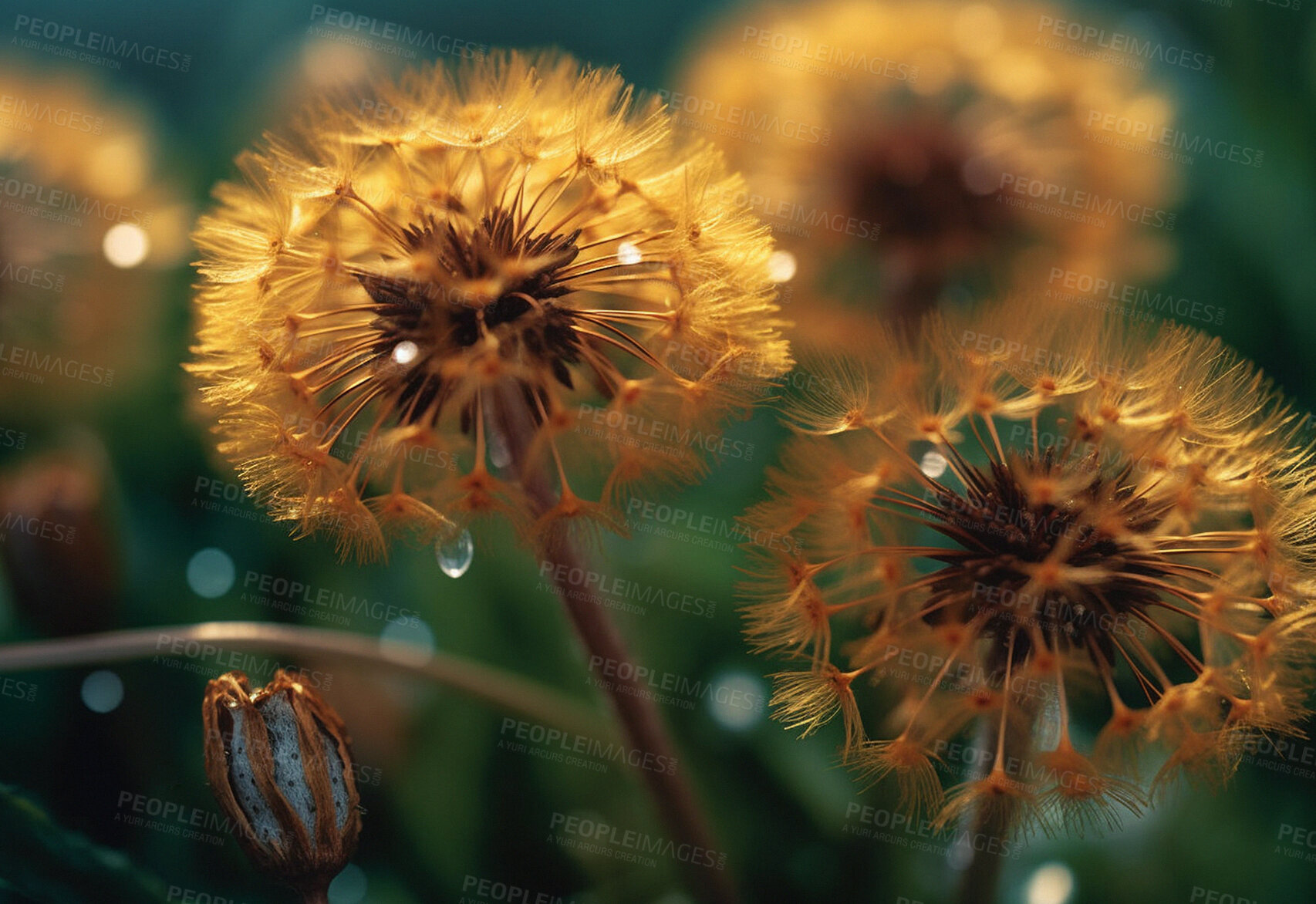 Buy stock photo Dandelion, water drops and closeup of flower in nature for spring and natural background. Ai generated, yellow garden weed and macro of plant for environment, ecosystem and ecology or sustainability