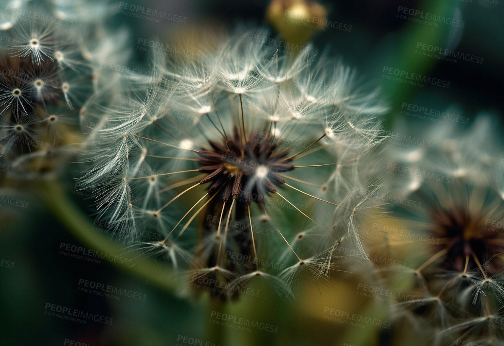 Buy stock photo Dandelion, closeup of flower in nature for spring and natural background. Ai generated, garden weed and macro of plant for environment, ecosystem and ecology or sustainability