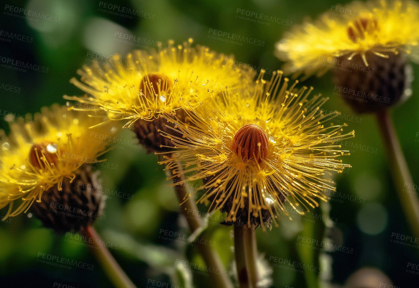 Buy stock photo Dandelion, closeup of flower in nature for spring and natural background. Ai generated, garden weed and macro of plant for environment, ecosystem and ecology or sustainability