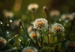 Dandelion, closeup of flower in nature for spring and natural background. Ai generated, garden weed and macro of plant for environment, ecosystem and ecology or sustainability