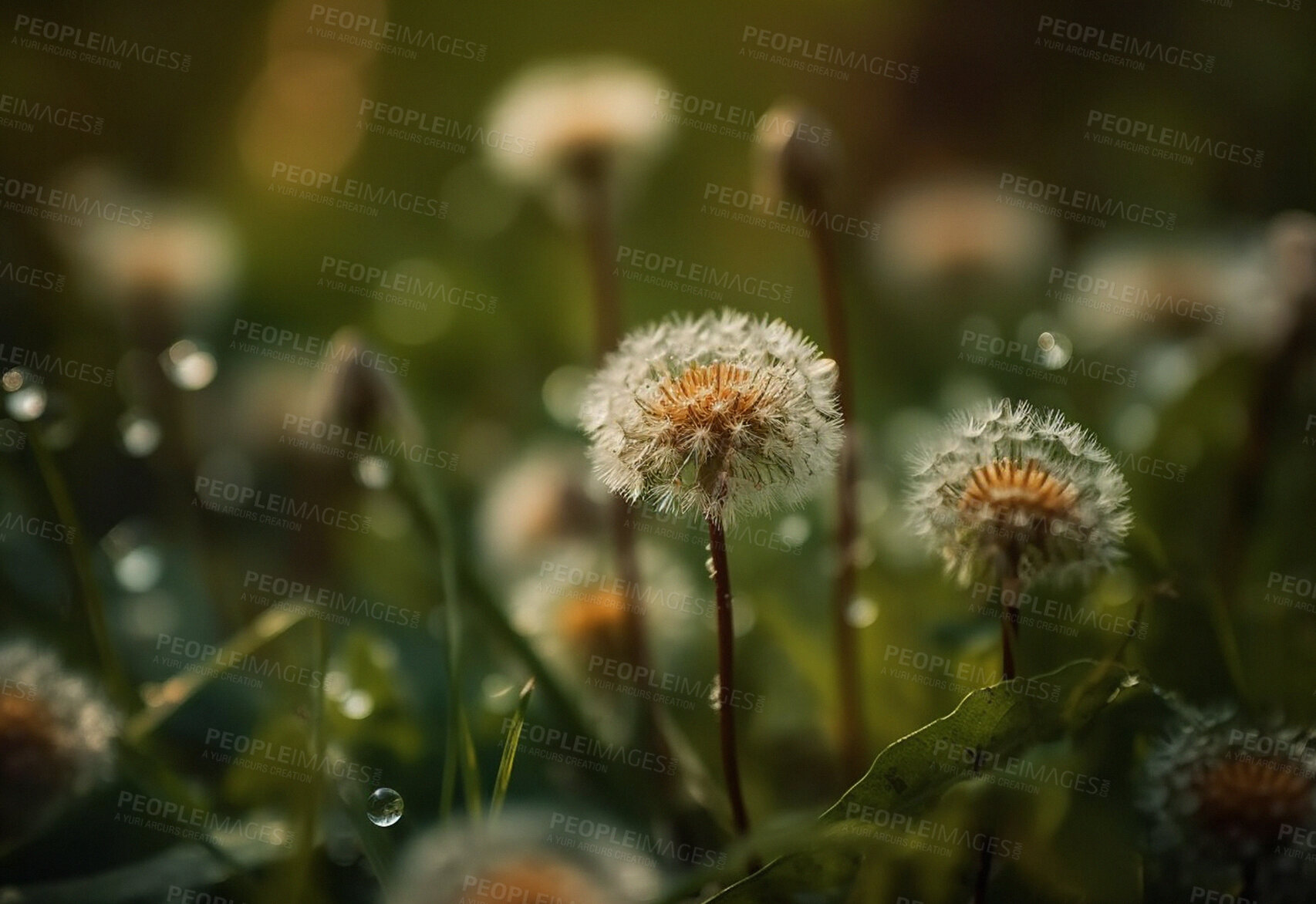 Buy stock photo Dandelion, closeup of flower in nature for spring and natural background. Ai generated, garden weed and macro of plant for environment, ecosystem and ecology or sustainability