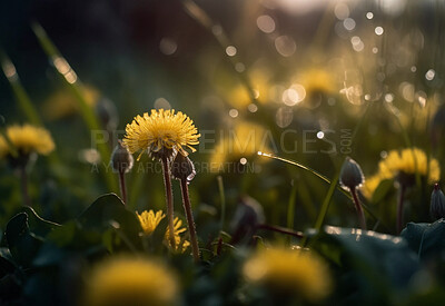 Dandelion, water drops and closeup of flower in nature for spring and natural background. Ai generated, garden weed and macro of plant for environment, ecosystem and ecology or sustainability