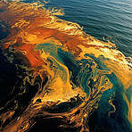 Ocean, water and oil spill in sea pollution, climate change and ai generated leak problem in nature