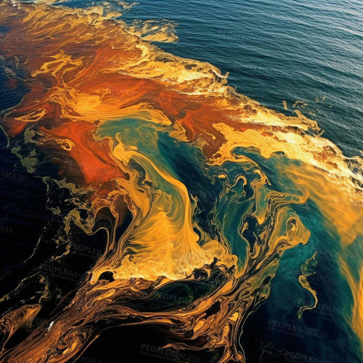 Buy stock photo Ocean, water and oil spill in sea pollution, climate change and ai generated leak problem in nature