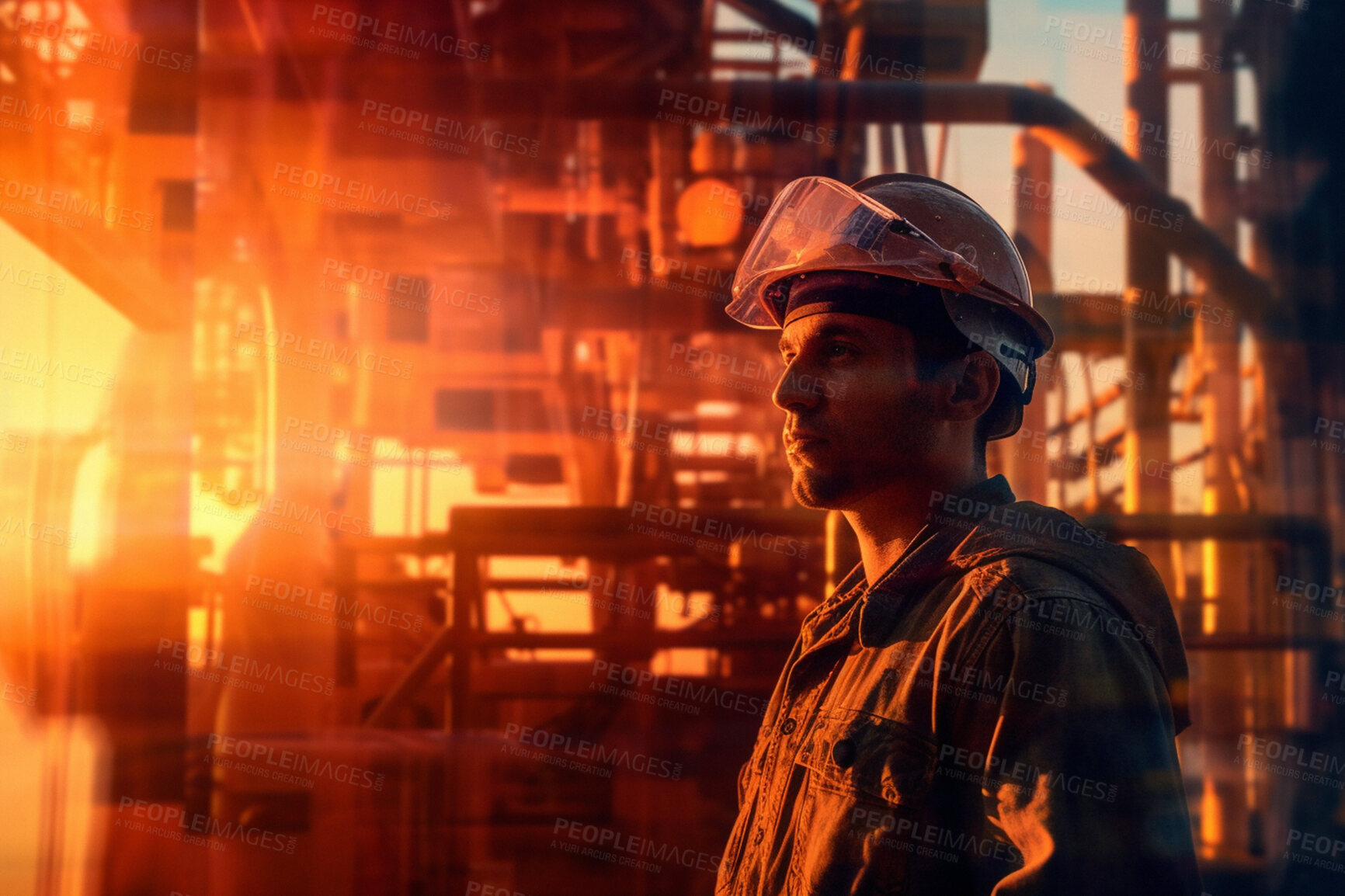 Buy stock photo Man, thinking or double exposure on oil refinery at sunset for import, export or ai generated mining