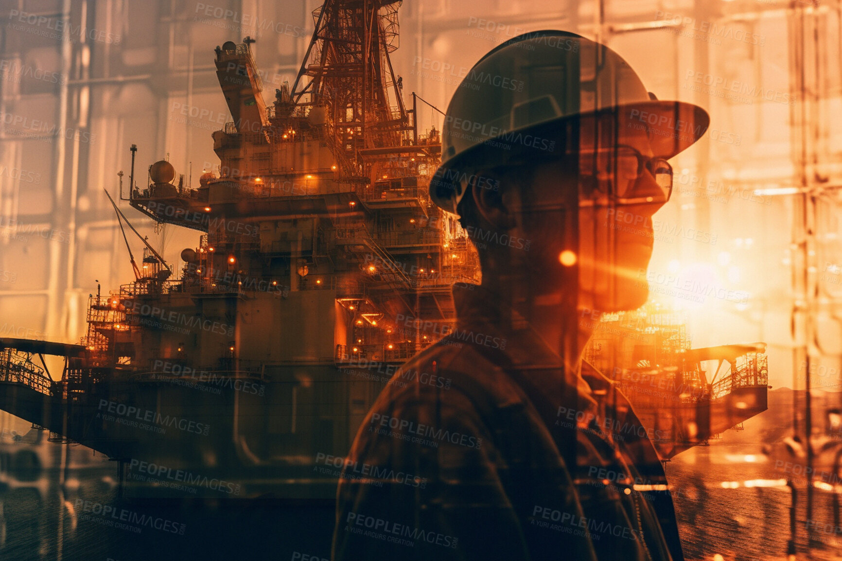 Buy stock photo Man, thinking and double exposure on oil rig at sunset for import, export and ai generated mining