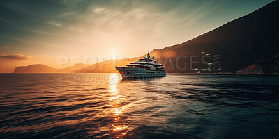 Buy stock photo Ship, yacht and sea travel at sunrise for holiday, vacation and ai generated tourism in nature ocean