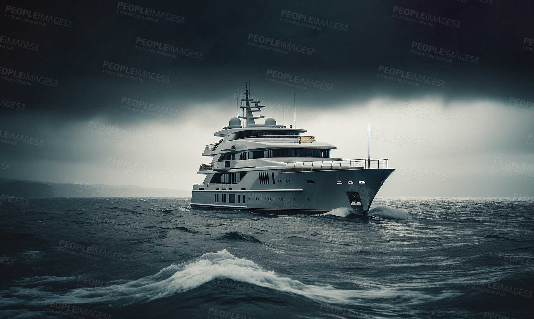 Buy stock photo Black and white, ship and yacht in sea travel for vacation, holiday or ai generated tourism by ocean