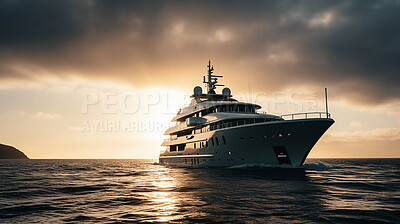 Buy stock photo Ship, yacht and ocean travel at sunrise for holiday, vacation and ai generated tourism in nature