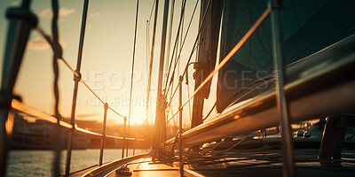 Ocean boat, yacht and deck at sunrise for travel holiday, vacation view and ai generated sea trip