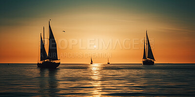 Sailboat, yacht and ocean travel at sunrise for holiday, vacation and ai generated tourism in nature