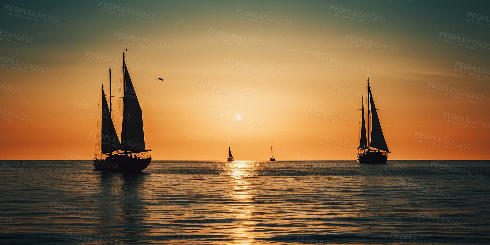 Buy stock photo Sailboat, yacht and ocean travel at sunrise for holiday, vacation and ai generated tourism in nature