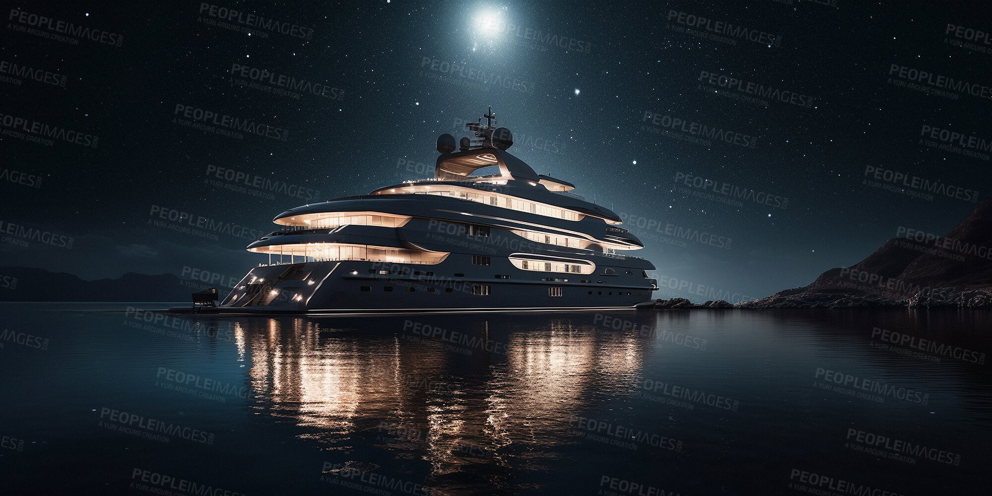 Buy stock photo Ship, yacht and nature travel at night for holiday, ocean vacation and ai generated tourism at sea