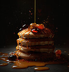 Sweet, pancakes and syrup isolated on a dark ai generated background for a delicious meal. Diet, nutrition and flapjacks or crumpets for breakfast or brunch with honey as a meal or dessert