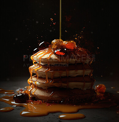 Sweet, pancakes and syrup isolated on a dark ai generated background for a delicious meal. Diet, nutrition and flapjacks or crumpets for breakfast or brunch with honey as a meal or dessert