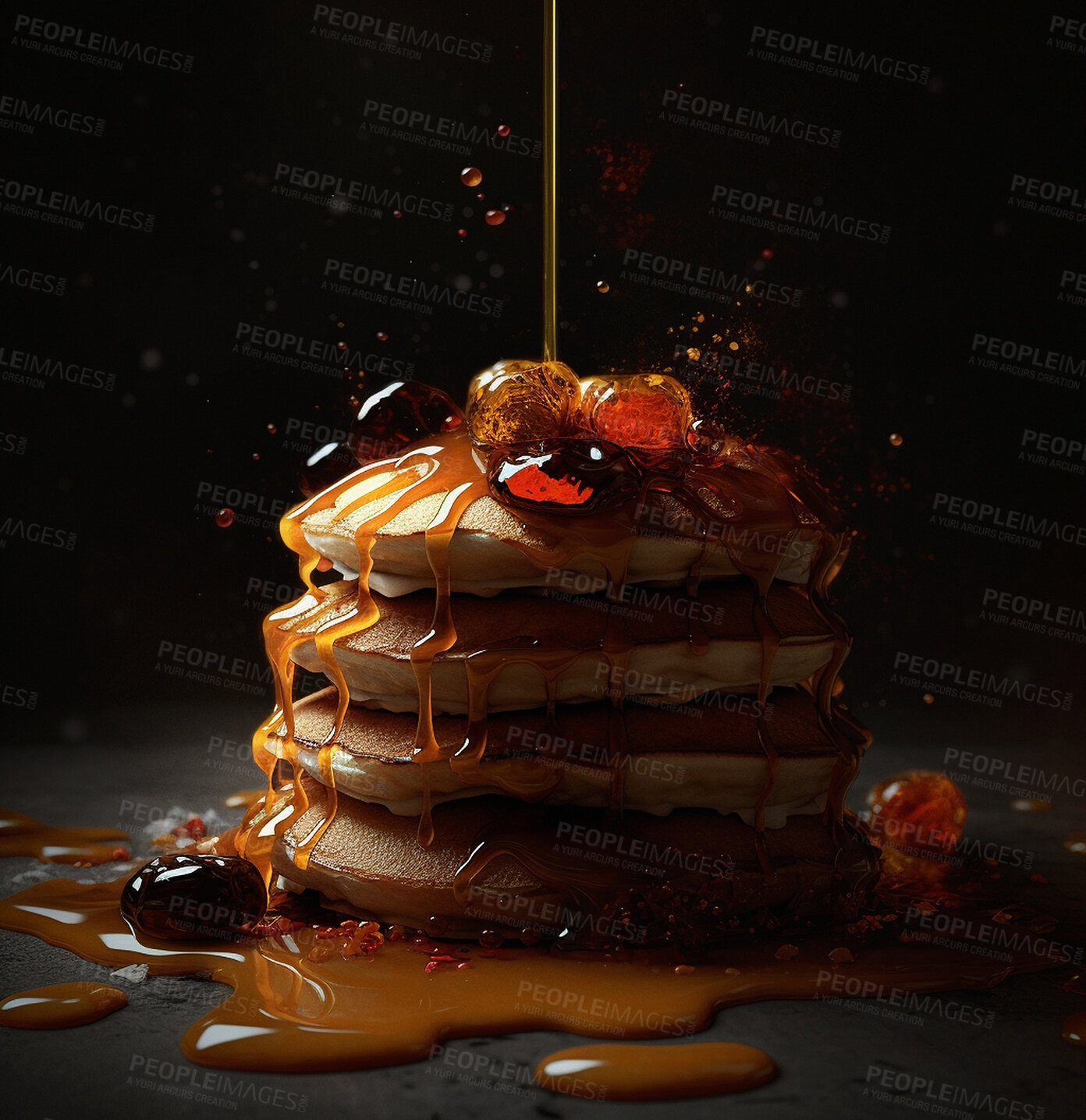 Buy stock photo Sweet, pancakes and syrup isolated on a dark ai generated background for a delicious meal. Diet, nutrition and flapjacks or crumpets for breakfast or brunch with honey as a meal or dessert