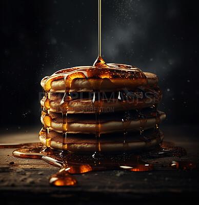 Diet, food and stack of pancakes with syrup pour on an ai generated dark background. Nutrition, sweet and tasty flapjacks or crumpets as dessert with honey for brunch or breakfast closeup
