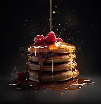 Pancakes, stack and food isolated on a dark ai generated background for a breakfast meal. Dessert, sweet flapjacks and honey pour with fresh fruit berries for brunch closeup for diet and nutrition