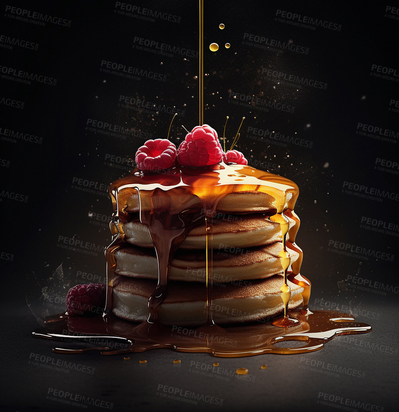 Buy stock photo Pancakes, stack and food isolated on a dark ai generated background for a breakfast meal. Dessert, sweet flapjacks and honey pour with fresh fruit berries for brunch closeup for diet and nutrition