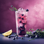 Cocktail, glass and fresh tonic drink with citrus lemon on an ai generated purple background. Soda, herbal and alcohol bar beverage with rosemary for refreshment with cold ice for celebration