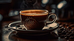 Cup, closeup and coffee in an ai generated cafe for morning health, wellness and energy. Hot, steam and mug of espresso and cappuccino beverage in a cafeteria or small business for a coffee break