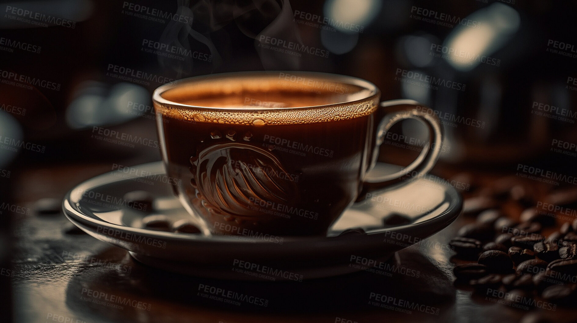 Buy stock photo Cup, closeup and coffee in an ai generated cafe for morning health, wellness and energy. Hot, steam and mug of espresso and cappuccino beverage in a cafeteria or small business for a coffee break