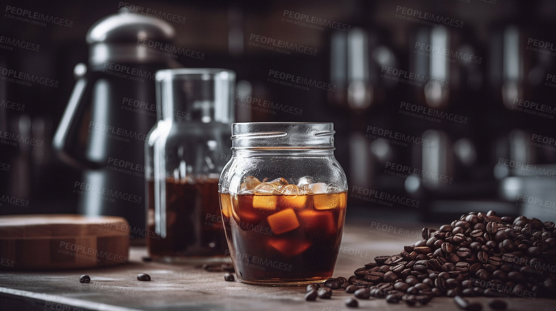 Buy stock photo Jar, beans and closeup of iced coffee in an ai generated cafe or small business. Brewing, caffeine and cold espresso or beverage for energy, diet and nutrition for a breakfast detox drink