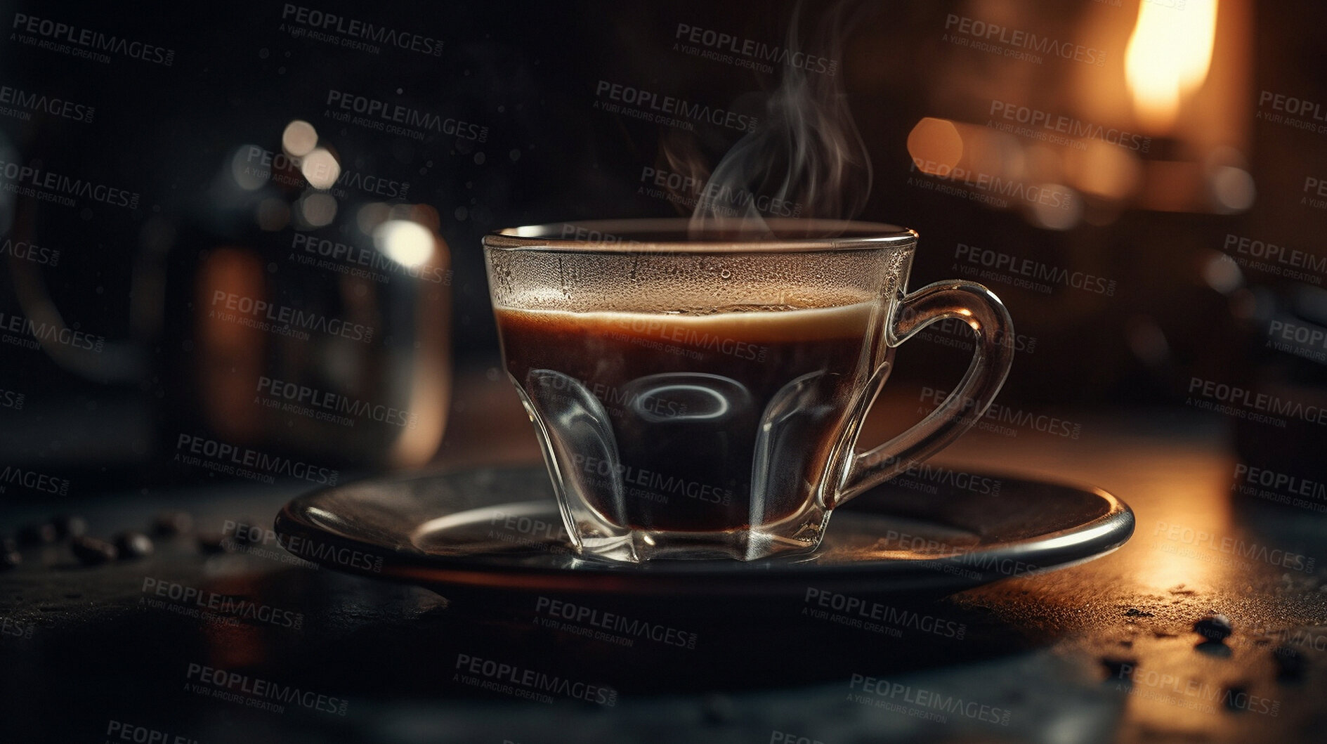 Buy stock photo steam, hot and coffee closeup in an ai generated restaurant for a breakfast drink in the morning. Coffee shop, zoom and espresso beverage with caffeine for health in a small business for energy