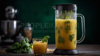Fruit, juice and blender for a healthy and nutrition drink for wellness as an ai generated beverage. Diet, health and fresh, tropical orange and mango citrus smoothie with mint for a dessert