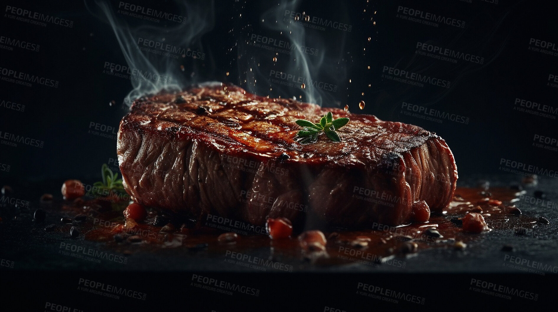 Buy stock photo Hot, steak and closeup of meat with sauce for a healthy and delicious ai generated meal. Food, nutrition and diet of protein and beefsteak ready to eat for dinner or lunch at a restaurant