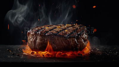 Flame, steak and closeup of meat grilling in a restaurant kitchen for an ai generated dinner. Lunch, protein and fillet mignon cooking on a barbecue for delicious diet and nutrition food