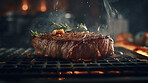 Grill, cooking and steak closeup for bbq for a healthy, delicious ai generated meal. Protein, meat and beefsteak cooking for a health dinner or lunch in a restaurant kitchen to barbecue