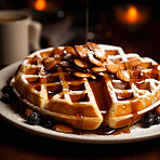 Waffles, closeup and sweet meal with honey and nuts closeup for an ai generated object. Dessert, diet and nutrition with food and delicious syrup pouring with almonds for breakfast or brunch