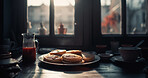 Table, pancakes and ai generated sweet food for diet and nutrition to eat at breakfast. Crumpets, flapjacks and delicious homemade dessert for eating as meal in a kitchen for a snack closeup