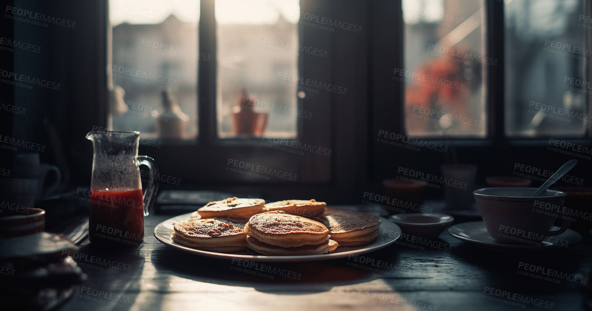 Buy stock photo Table, pancakes and ai generated sweet food for diet and nutrition to eat at breakfast. Crumpets, flapjacks and delicious homemade dessert for eating as meal in a kitchen for a snack closeup