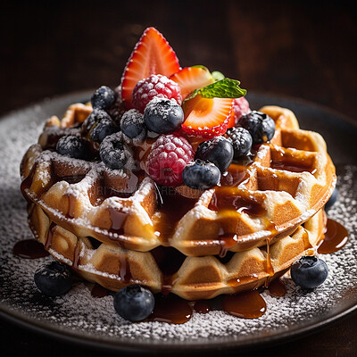 Waffle, closeup and fresh fruit for a sweet meal with syrup to eat at breakfast. Food, dessert and ai generated culinary cuisine with raw berries for nutrition and diet as a snack at home