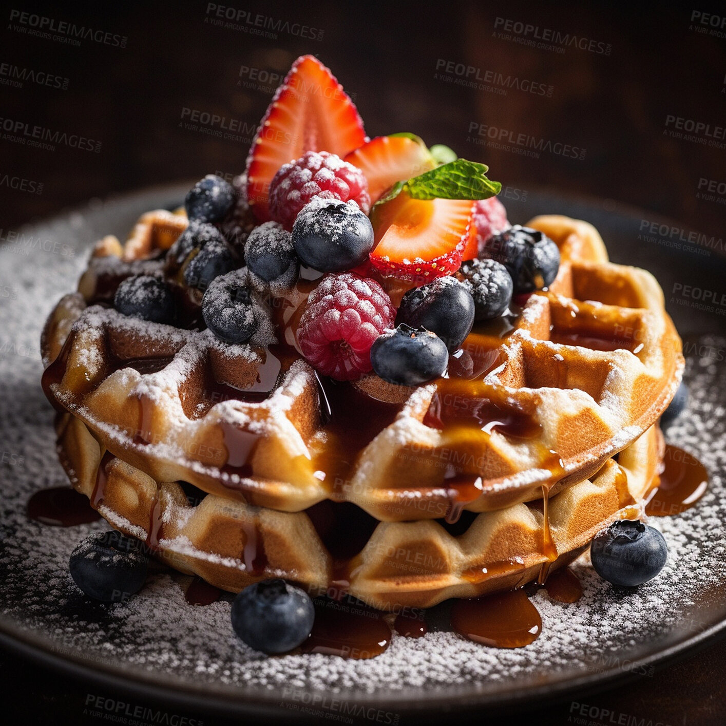 Buy stock photo Waffle, closeup and fresh fruit for a sweet meal with syrup to eat at breakfast. Food, dessert and ai generated culinary cuisine with raw berries for nutrition and diet as a snack at home