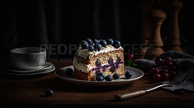 Bakery, cake and raw berries decorated for a celebration or to eat in a home kitchen. Culinary, ai generated baked dessert with fresh fruit and cream ready to eat with cutlery in a house