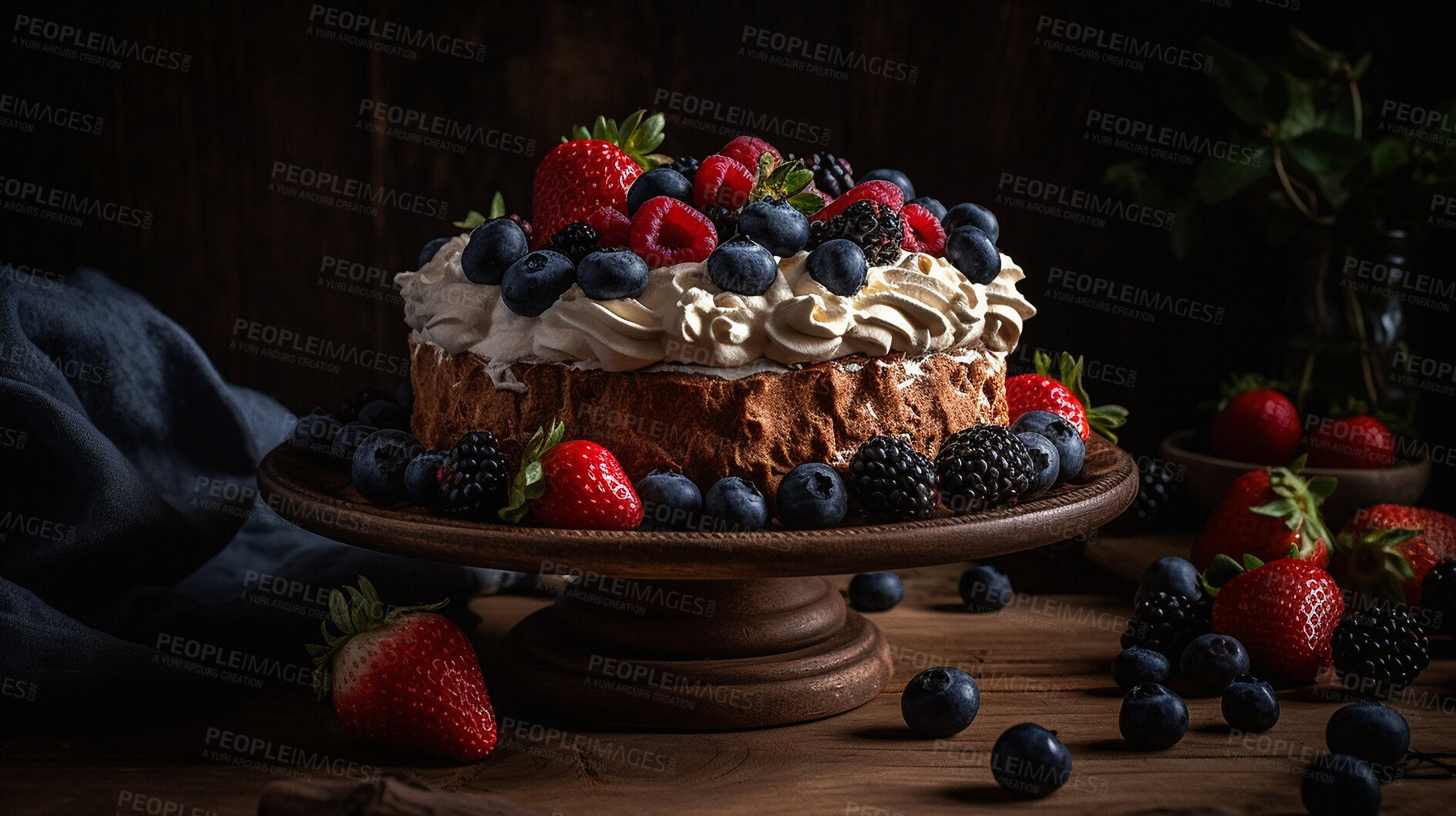 Buy stock photo Bakery, chocolate cake and fresh fruit in a restaurant or small business to celebrate a birthday. Celebrate, food and an ai generated sweet baked dessert covered in cream and raw berries