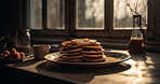 Pancake, food and diet stack closeup on a kitchen counter in a restaurant for a tasty meal. Zoom, isolated and ai generated pile of flapjacks or crumpets for nutrition and a sweet snack