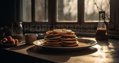 Pancake, food and diet stack closeup on a kitchen counter in a restaurant for a tasty meal. Zoom, isolated and ai generated pile of flapjacks or crumpets for nutrition and a sweet snack