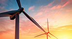 Windmill, sunset and engineering for electricity sustainability, ai generated and renewable farm