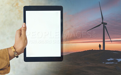 Person, hands and tablet screen with space, double exposure and mockup on ai generated windmill farm