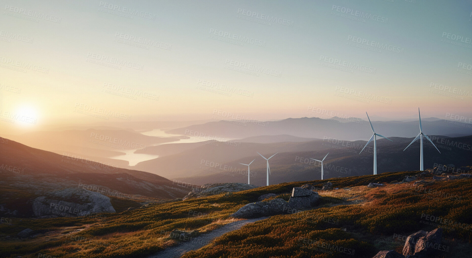 Buy stock photo Windmill, landscape and engineering for electricity sustainability, ai generated and renewable farm
