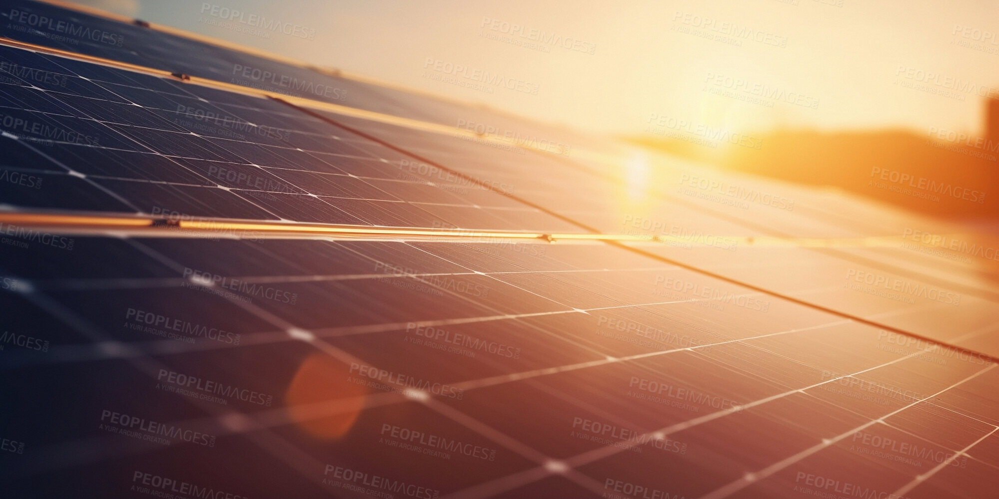 Buy stock photo Solar panel, electricity or farm for renewable energy, sunset sustainability and ai generated power
