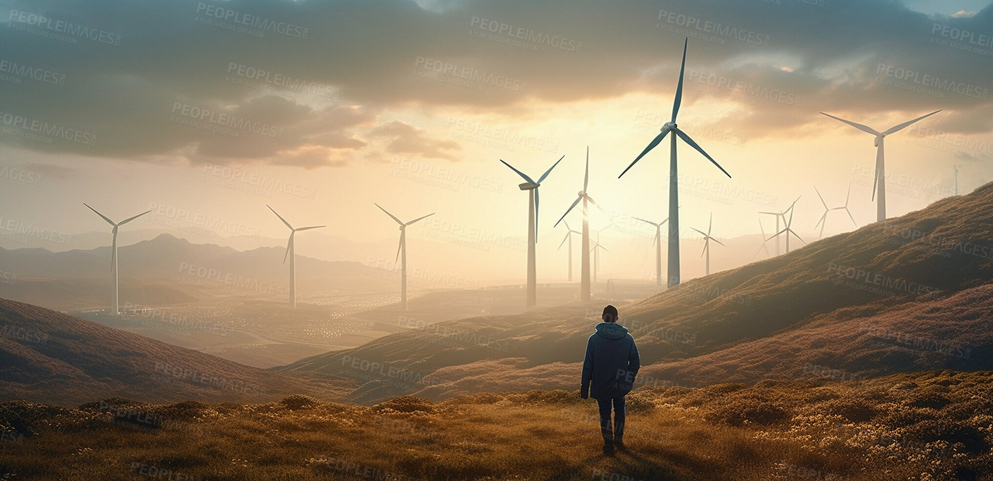 Buy stock photo Windmill, person and engineering for electricity sustainability, ai generated and renewable energy
